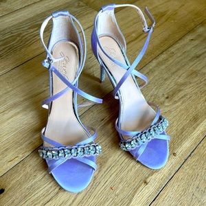 Jewel by Badgley Mischka pastel purple embellished strap heels